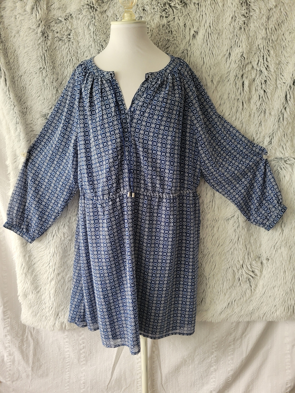 ellos Blue Printed Long-Sleeve Tie-Waist Dress